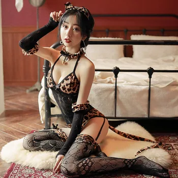 Sexy Spodná Bielizeň Pokušenie Cat Girl Plyšové Kombinézu Cosplay Leopard Kostýmy Anime Bielizeň Headdress Pánty Rukavice, Pančuchy Nastaviť