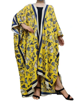 Moslimské Kaftane 2021 České Vytlačené Otvoriť Predné Voľné Rukávy Maxi Tlač Kimonos Pre Ženy Tradičné Letné Plavky Kimono