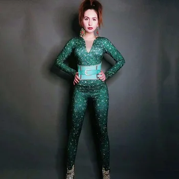Zelená Kamienkami Úsek Jumpsuit Narodeniny Osláviť Sexy Tanec Výkon Kombinézu Večer Ženy Spevák Tanečné Oblečenie DN1562