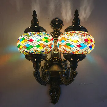 Stredomorský Štýl Dekorácie Farebné Sklo Dvojité Osvetlenie LED Retro Vintage turecký Mozaiky Nástenné Svietidlá E12 Pre Hotel Home