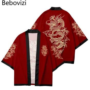 2022 Módne Dragon Tlač Japonský Streetwear Cardigan Haori Ženy Tradičných Ázijských Oblečenie Cosplay Červená Pláž Yukata Kimono